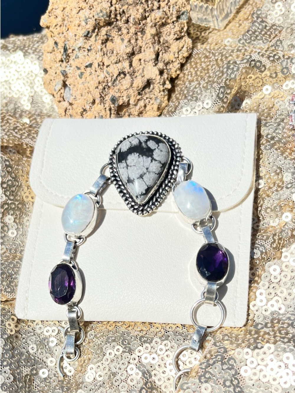 Sterling Silver Multi-Gemstone Bracelet with Snowflake Obsidian Center